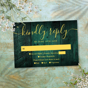 Emerald Green Rustic Barn Wood Boho Wedding RSVP Karte