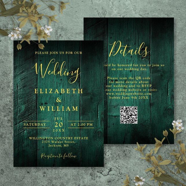 Emerald Green Rustic Barn Wood Wedding QR Code Einladung (Emerald Green Rustic Barn Wood Wedding QR Code Invitation)
