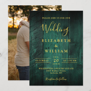 Emerald Green Rustic Boho Barn Wood Foto Wedding Einladung