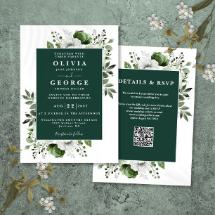 Emerald Green Rustic Floral QR Code Hochzeit Einladung