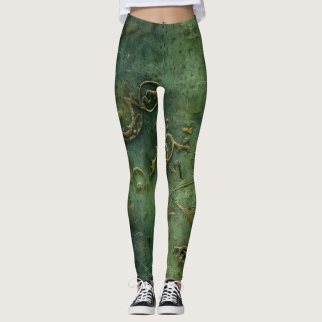 Emerald Green Rustic Steampunk Clock (10) Leggings (Vorderseite)