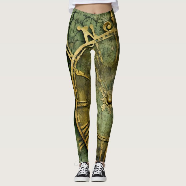 Emerald Green Rustic Steampunk Clock (12) Leggings (Vorderseite)