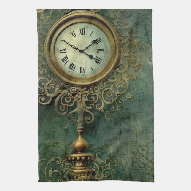 Emerald Green Rustic Steampunk Clock (2) Geschirrtuch (Vertikal)