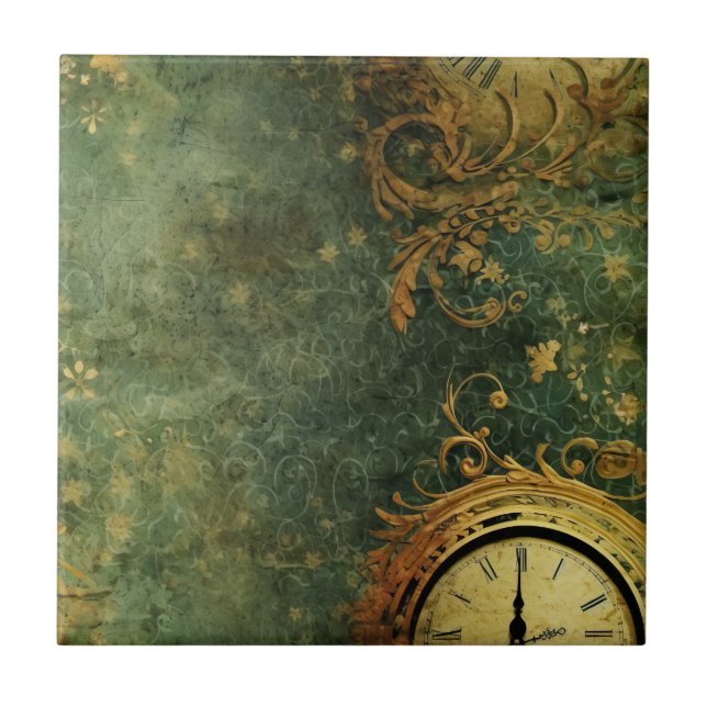 Emerald Green Rustic Steampunk Clock (6) Fliese (Vorderseite)