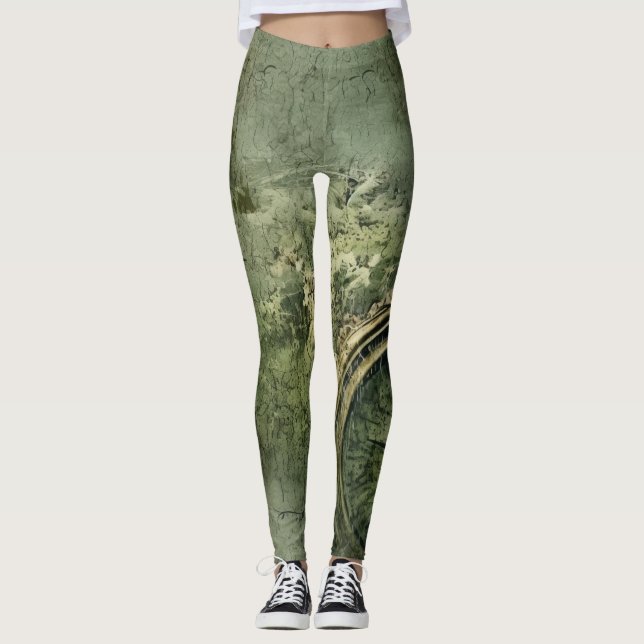 Emerald Green Rustic Steampunk Clock (7) Leggings (Vorderseite)