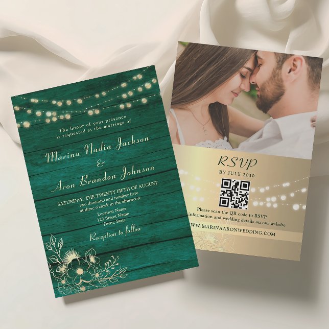 Emerald Green Rustic Wood Wedding QR Code Einladung (Von Creator hochgeladen)