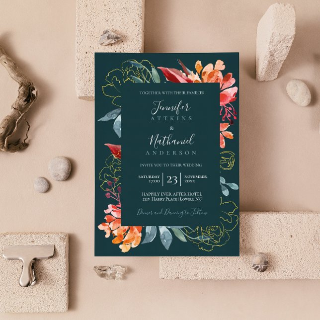 Emerald Green Rusty Orange Floral Wedding Einladung (Von Creator hochgeladen)