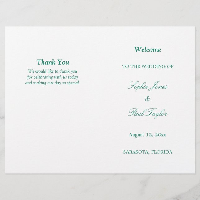 Emerald Green Script Bi-Fold Wedding Program (Vorderseite)