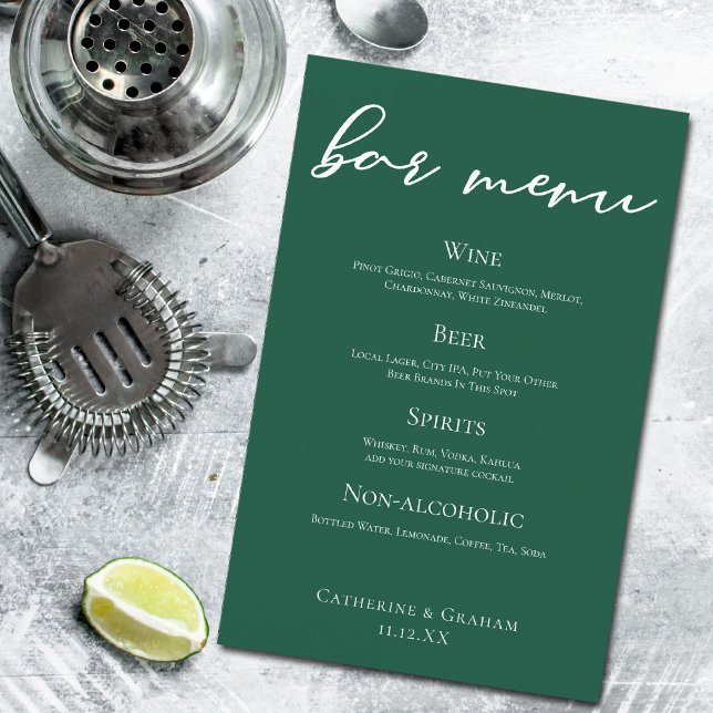 Emerald Green Script Forest Wedding Bar Menu (Von Creator hochgeladen)