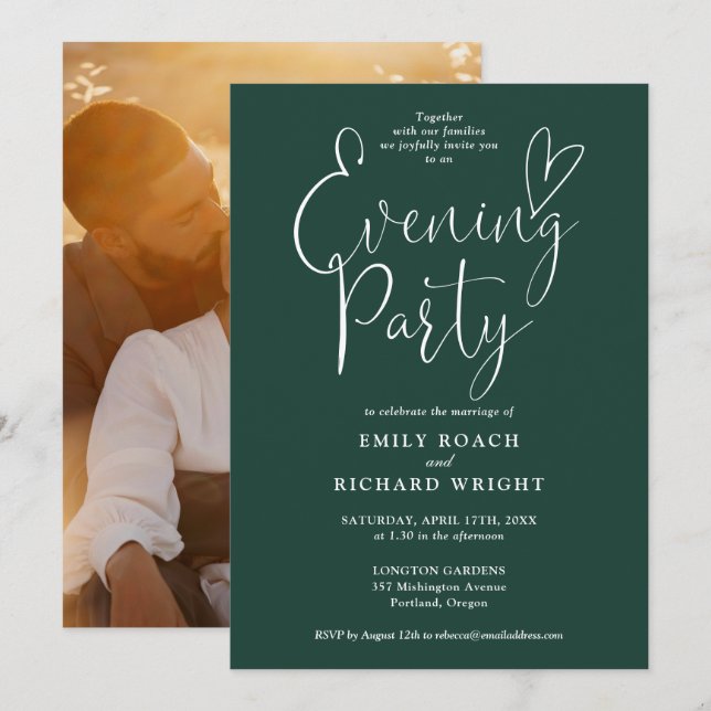Emerald Green Script Foto Wedding Abend Party Einladung (Vorne/Hinten)