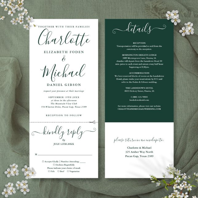 Emerald Green Script in einer Hochzeit Einladung (Emerald Green Script All In One Wedding Invitation)