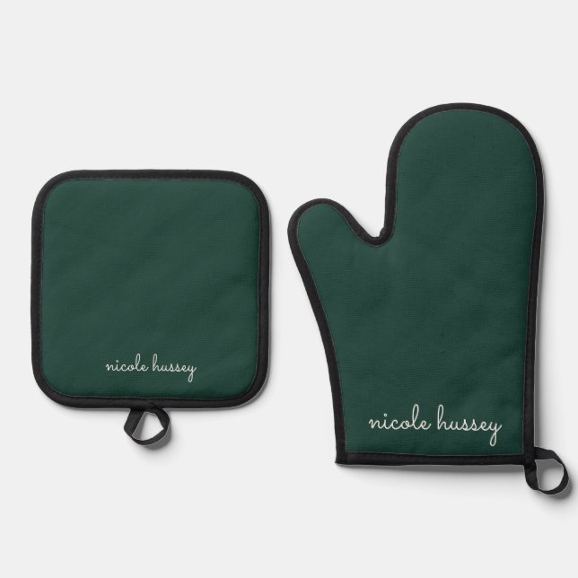 Emerald Green Script | Stilvolle Monogram Modern Ofenhandschuh & Topflappen-Set (Vorderseite)