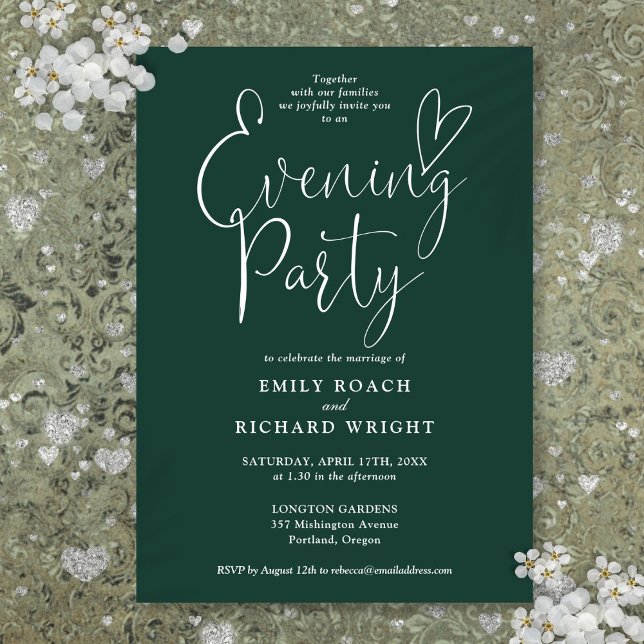 Emerald Green Script Wedding Abend Party Einladung (Emerald Green Script Wedding Evening Party Invitation)