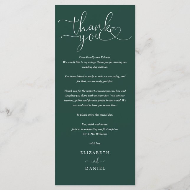Emerald Green Script Wedding Vielen Dank Platzkart Menükarte (Vorderseite)