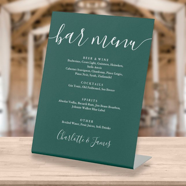 Emerald Green Signature Script Wedding Bar Menu Sockelschild (Von Creator hochgeladen)