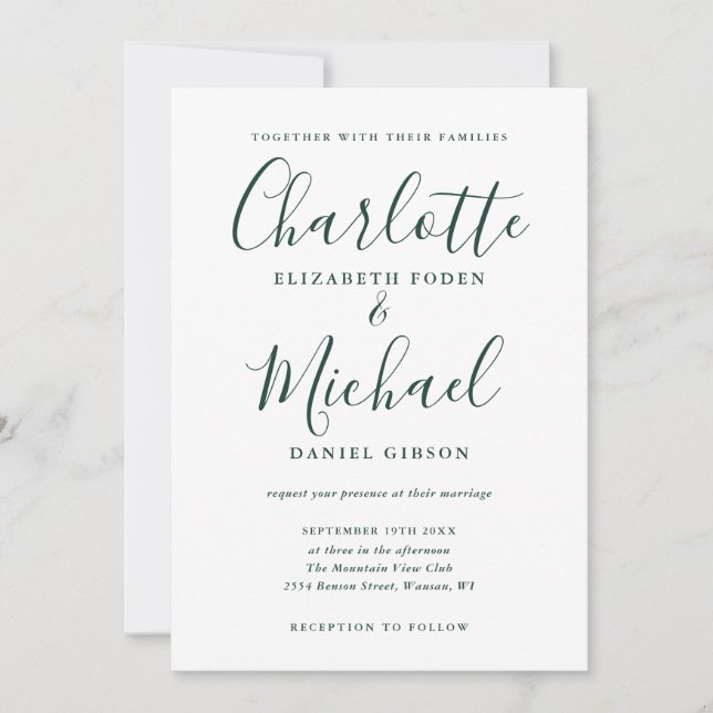 Emerald Green Signature Script Wedding Einladung (Vorderseite)