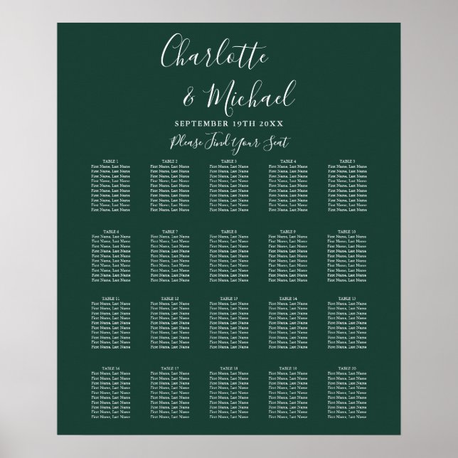Emerald Green Signature Wedding Seating Chart Poster (Vorne)