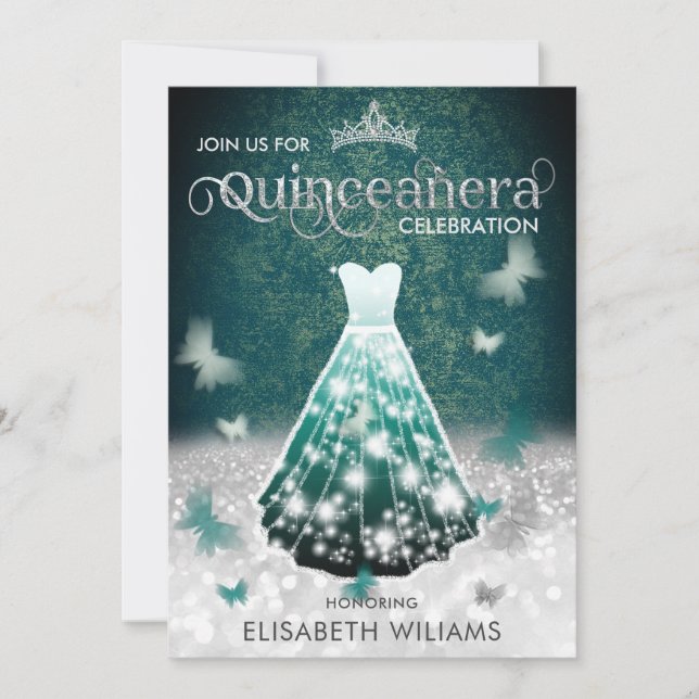 Emerald Green Silber Glitzer Schmetterling Einladung (Vorderseite)