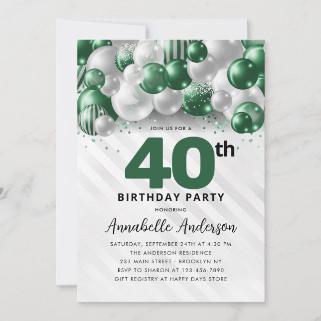 Emerald Green Silver Balloon Glitzer 40. Geburtsta Einladung (Vorderseite)