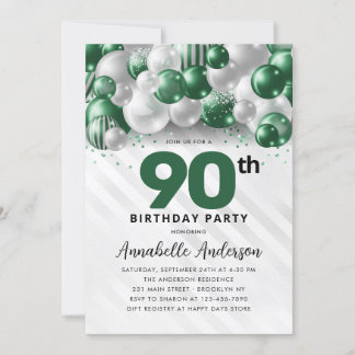 Emerald Green Silver Balloon Glitzer 90. Geburtsta Einladung