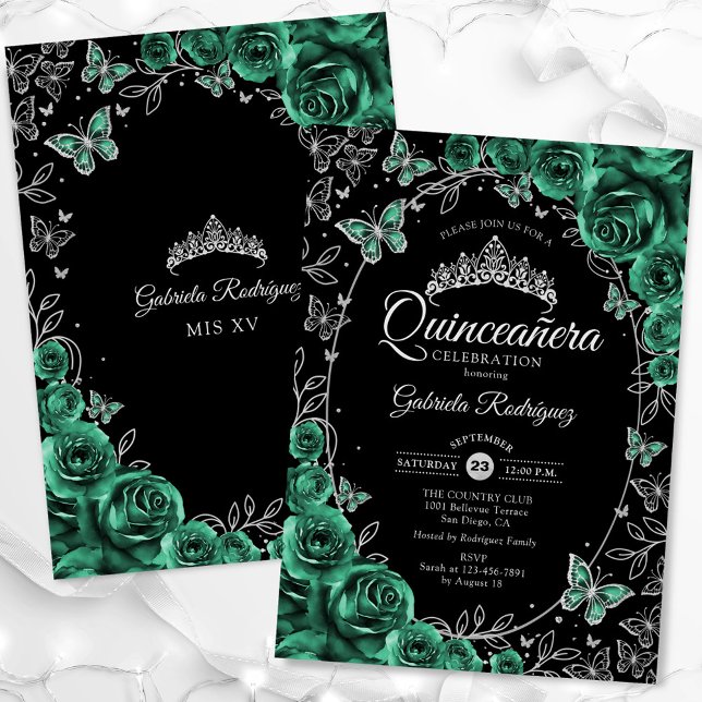 Emerald Green Silver Black Quinceanera Einladung (Von Creator hochgeladen)