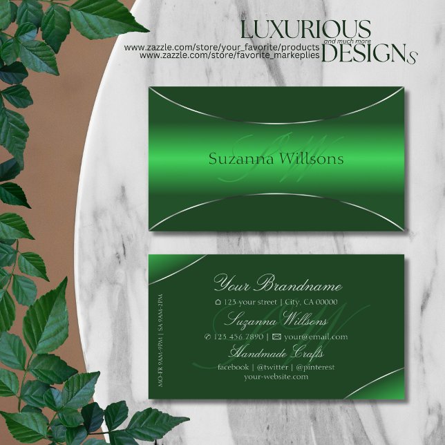 Emerald Green Silver Border mit Monogram Stilvoll Visitenkarte (Von Creator hochgeladen)