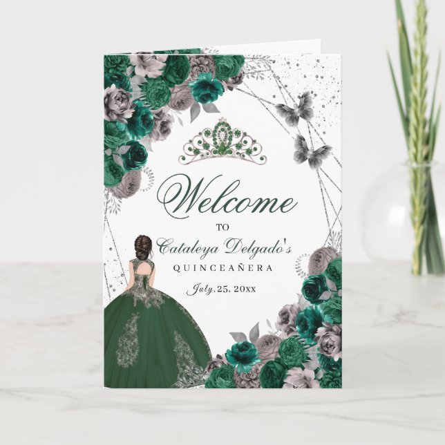 Emerald Green Silver Butterfly Quinceanera-Program Einladung (Vorderseite)