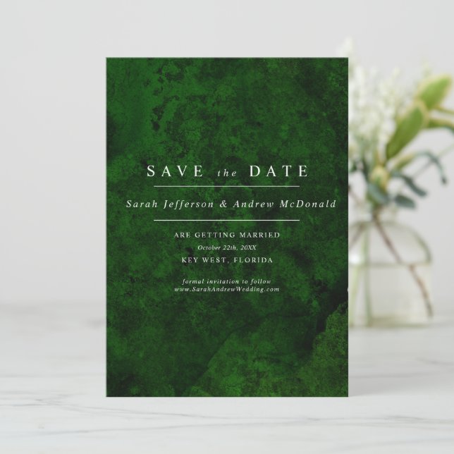 Emerald Green & Silver Calligraphie Save the Date Einladung (Stehend Vorderseite)