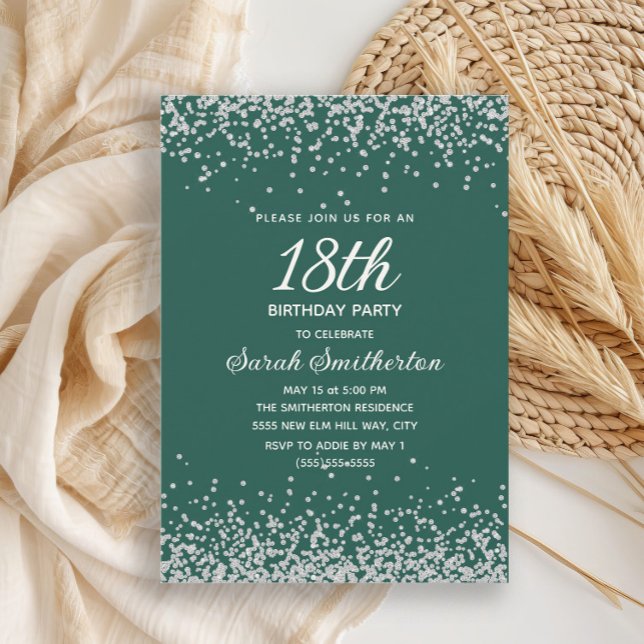 Emerald Green Silver Diamond Glitzer 18. Geburtsta Einladung (Elegant emerald green and silver glitter 18th birthday party invitation for women,)