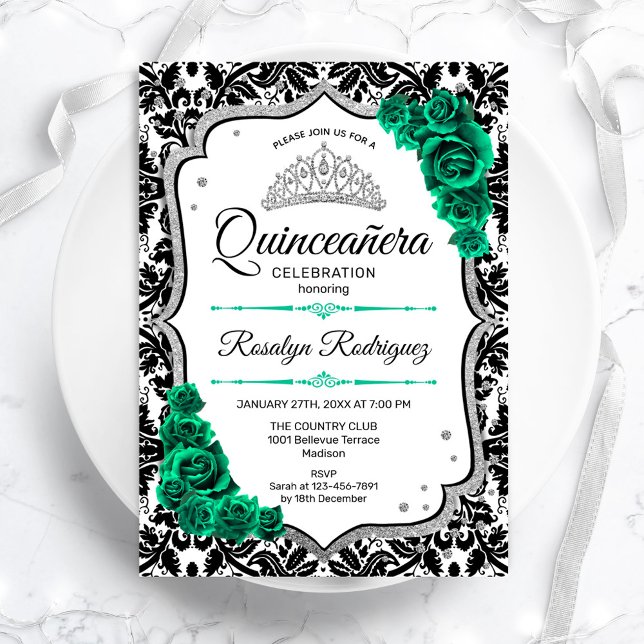 Emerald Green Silver Elegant Damask Quinceanera Einladung (Von Creator hochgeladen)