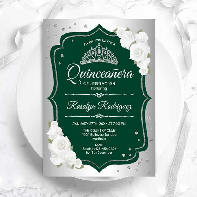 Emerald Green Silver Elegant Quinceanera Einladung (Von Creator hochgeladen)