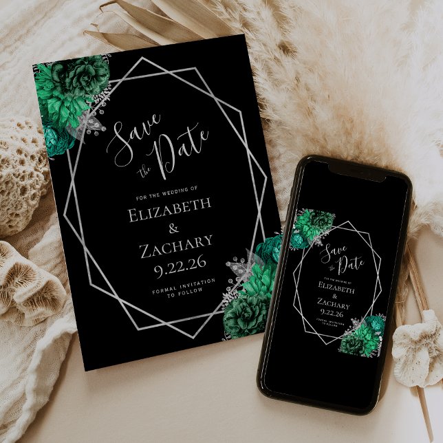 Emerald Green Silver Floral Black Save the Date (Von Creator hochgeladen)