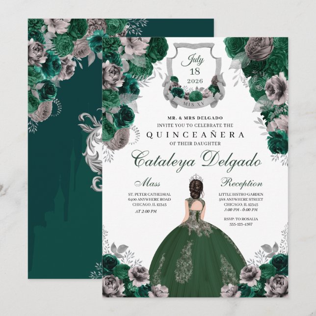 Emerald Green & Silver Floral Elegante Quinceañera Einladung (Vorne/Hinten)