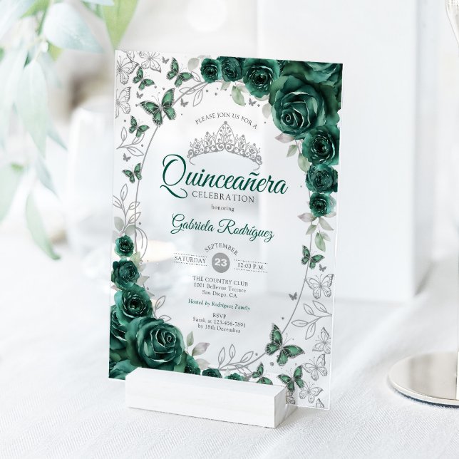 Emerald Green Silver Floral Quinceanera Acryleinladungen (Von Creator hochgeladen)