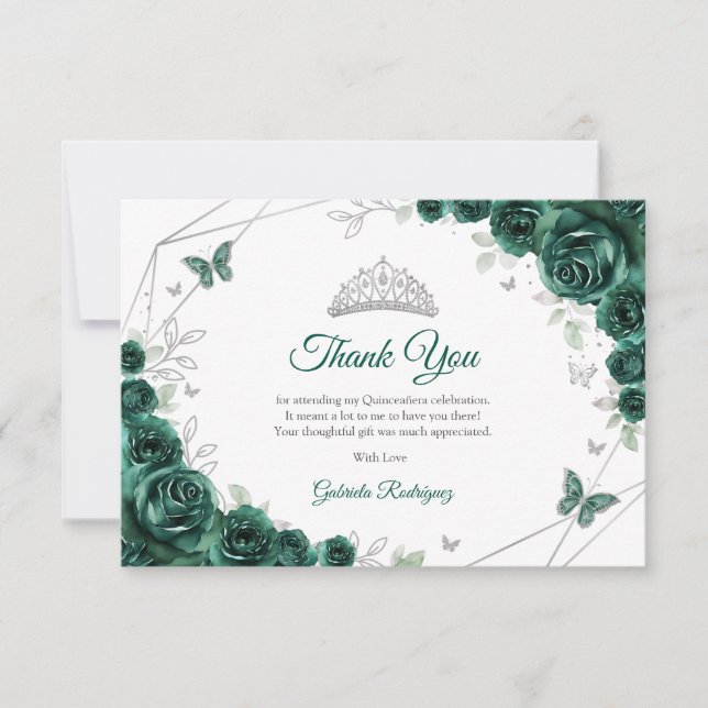 Emerald Green Silver Floral Quinceanera Dankeskarte (Vorderseite)