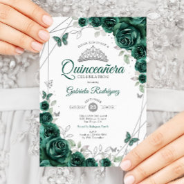 Emerald Green Silver Floral Quinceanera Einladung