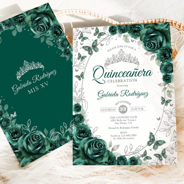 Emerald Green Silver Floral Quinceanera Einladung (Von Creator hochgeladen)