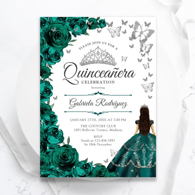 Emerald Green Silver Floral Quinceanera Einladung (Von Creator hochgeladen)