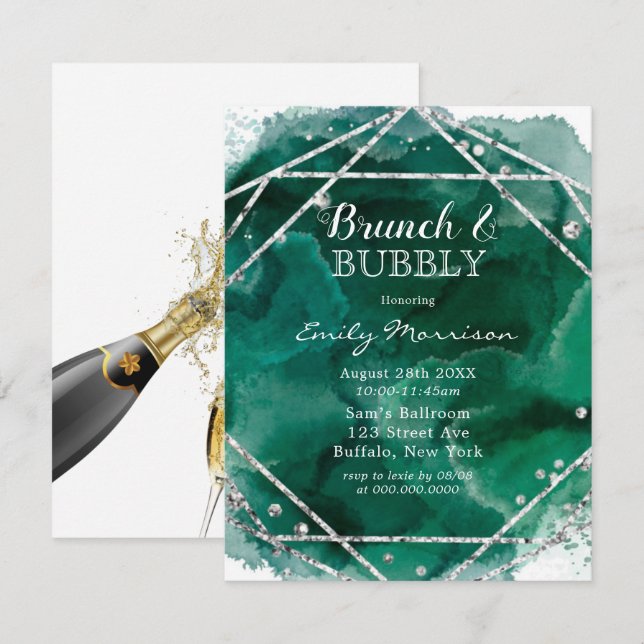 Emerald Green Silver Geometric Brunch & Bubbly Einladung (Vorne/Hinten)