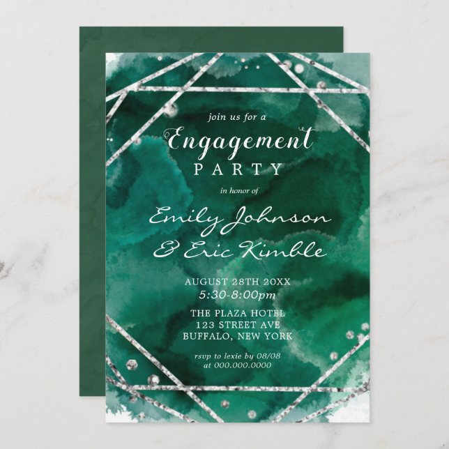 Emerald Green Silver Geometric Engagement Party Einladung (Vorne/Hinten)