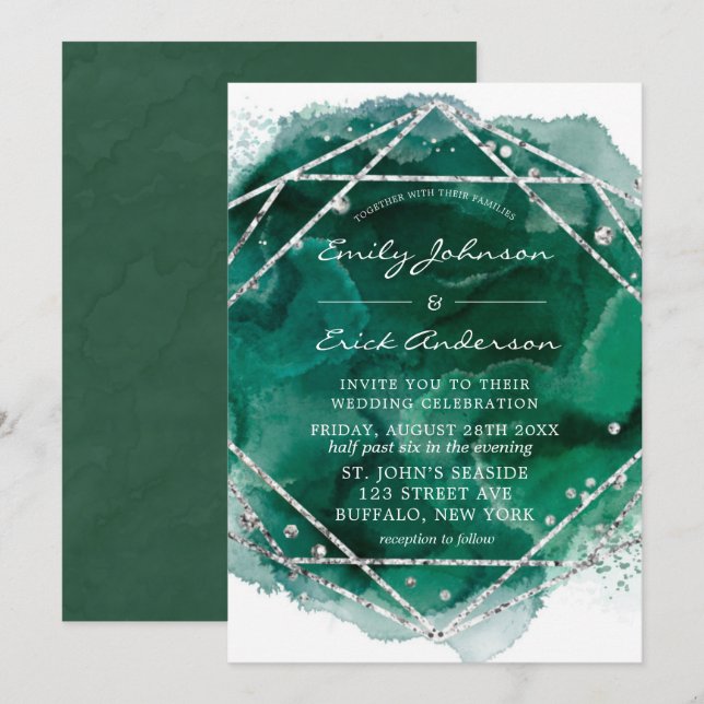 Emerald Green Silver Geometric Glitzer Wedding Einladung (Vorne/Hinten)