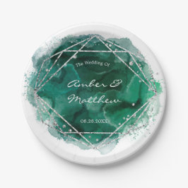 Emerald Green Silver Geometric Watercolor Wedding Pappteller