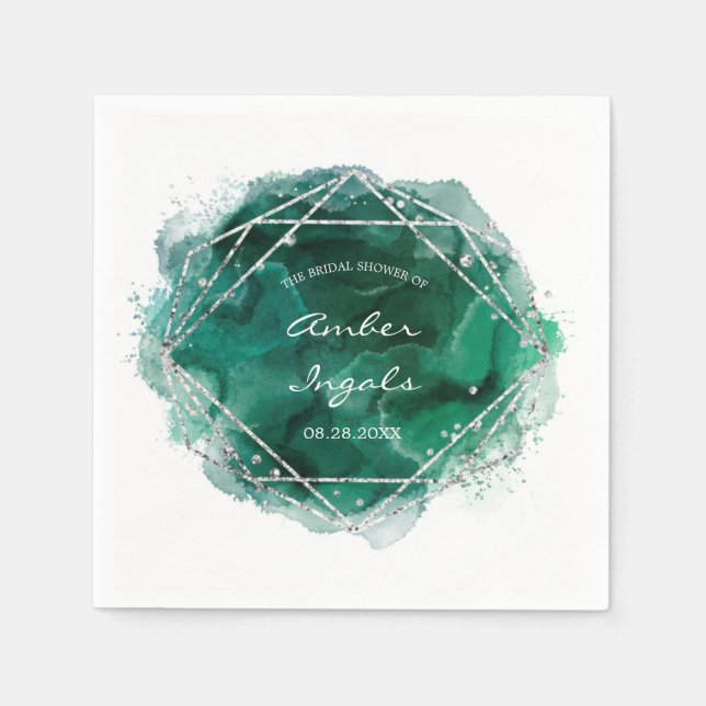 Emerald Green Silver Geometric Watercolor Wedding Serviette (Vorderseite)