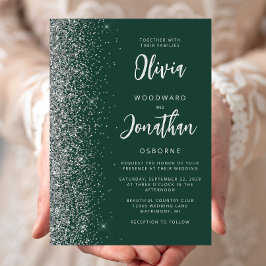 Emerald Green Silver Glitzer Calligraphy Wedding Einladung