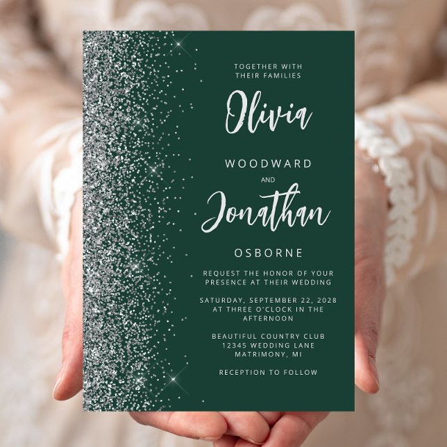 Emerald Green Silver Glitzer Calligraphy Wedding Einladung (Von Creator hochgeladen)