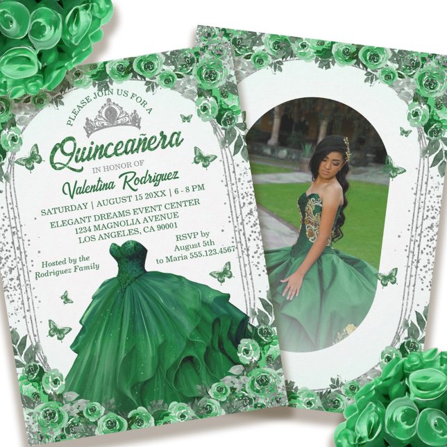 Emerald Green Silver Glitzer Floral Quinceanera Einladung (Emerald Green Silver Glitter Floral Quinceanera Invitation)