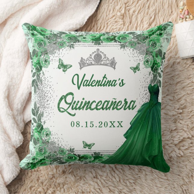 Emerald Green Silver Glitzer Floral Quinceanera Kissen (Decke)