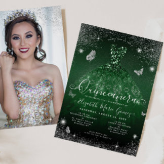 Emerald Green Silver Glitzer Foto Quinceanera Einladung