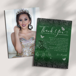 Emerald Green Silver Glitzer Quinceanera Foto Dankeskarte