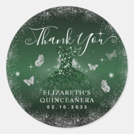 Emerald Green Silver Gown Quinceañera Thank You Runder Aufkleber